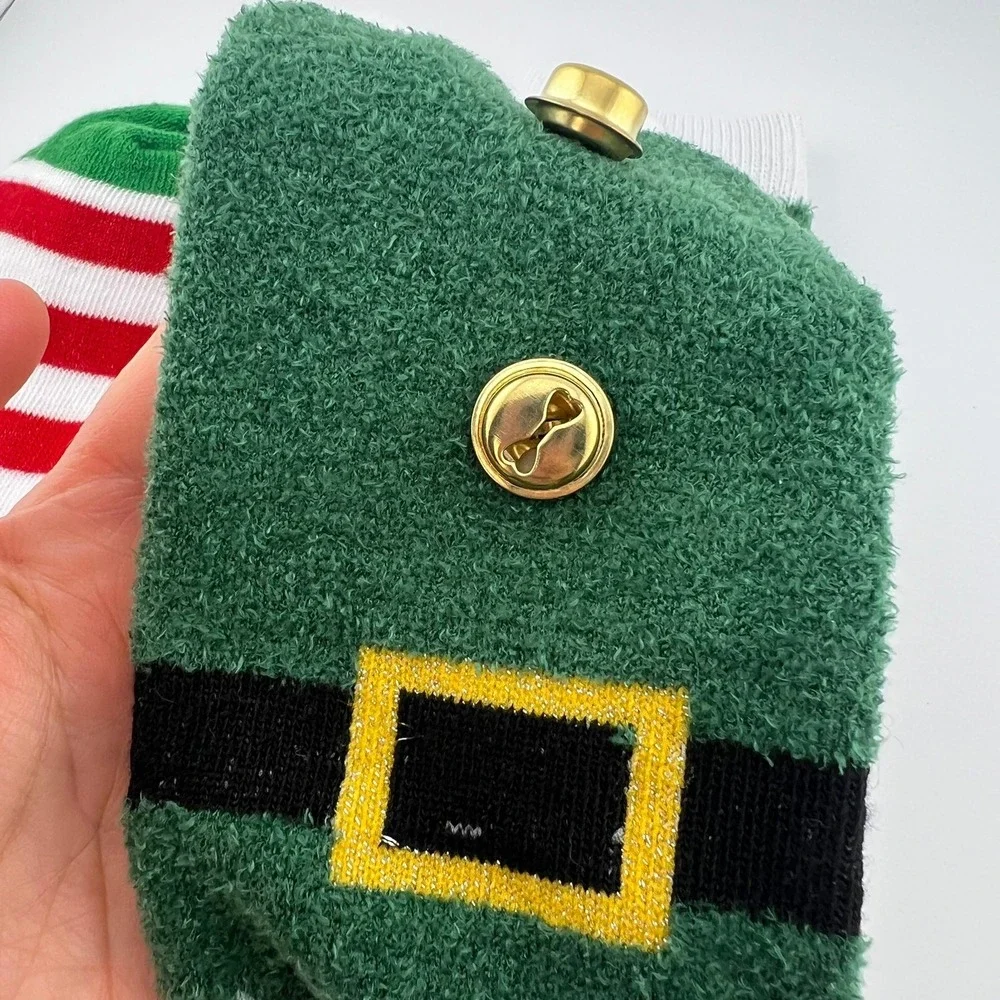 Elf Christmas Fuzzy Socks w/ Jingle Bells Green Red Stripe‎ Holiday Novelty Cozy